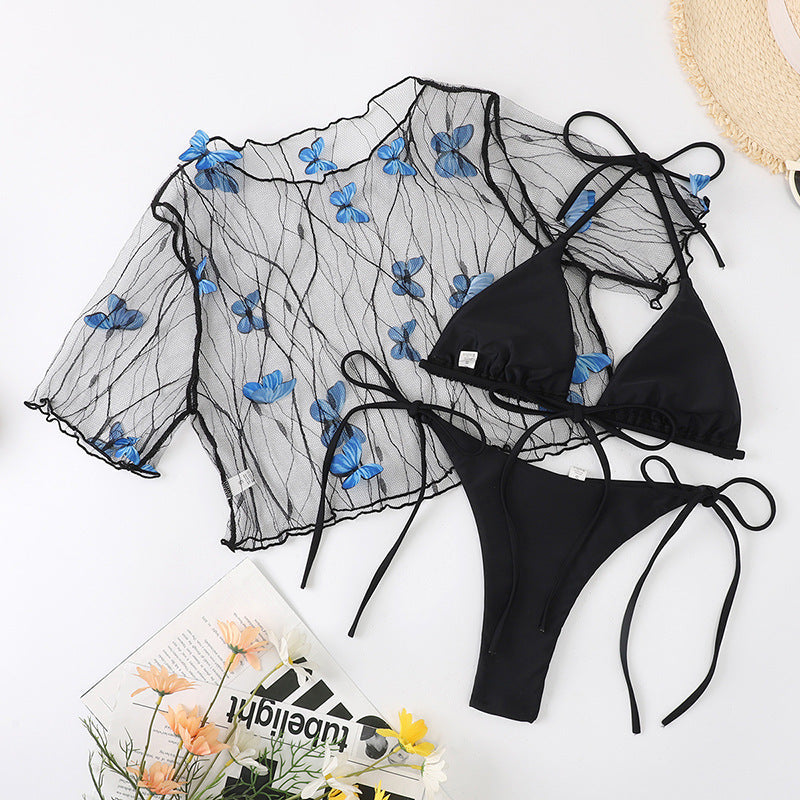 Three-piece Butterfly Pattern Mesh Bikini