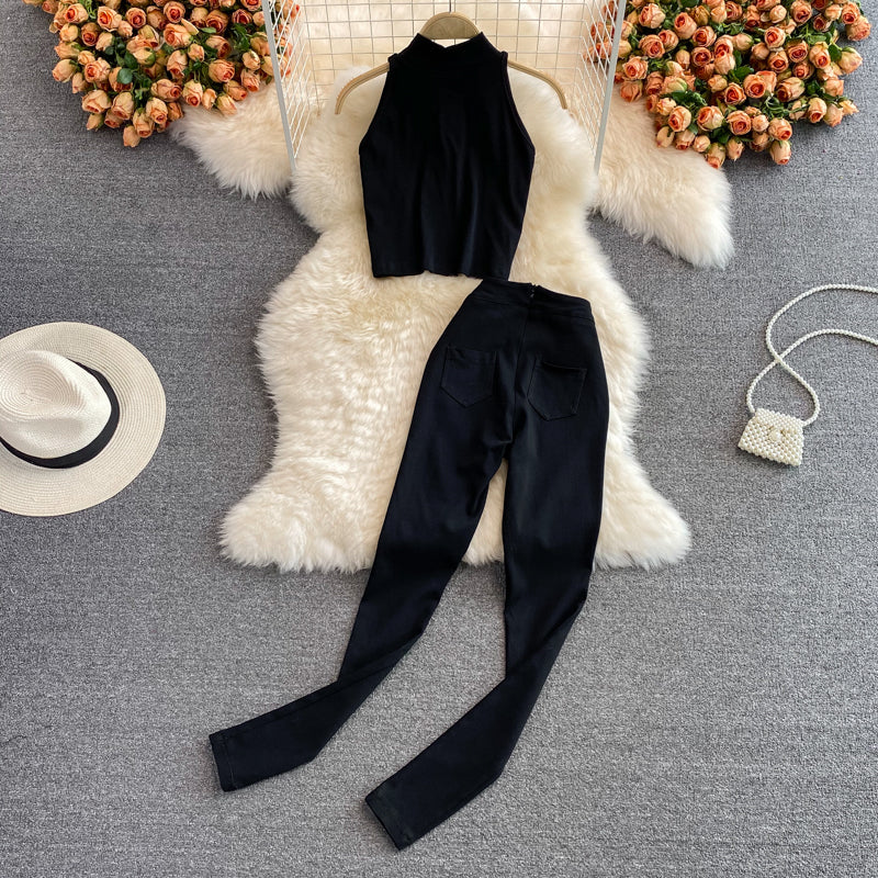Two-piece Suit Of Sleeveless Vest And High-waist Stretch Trousers