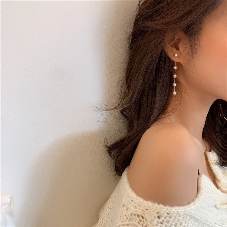Silver Pin Pearl Tassel Earrings