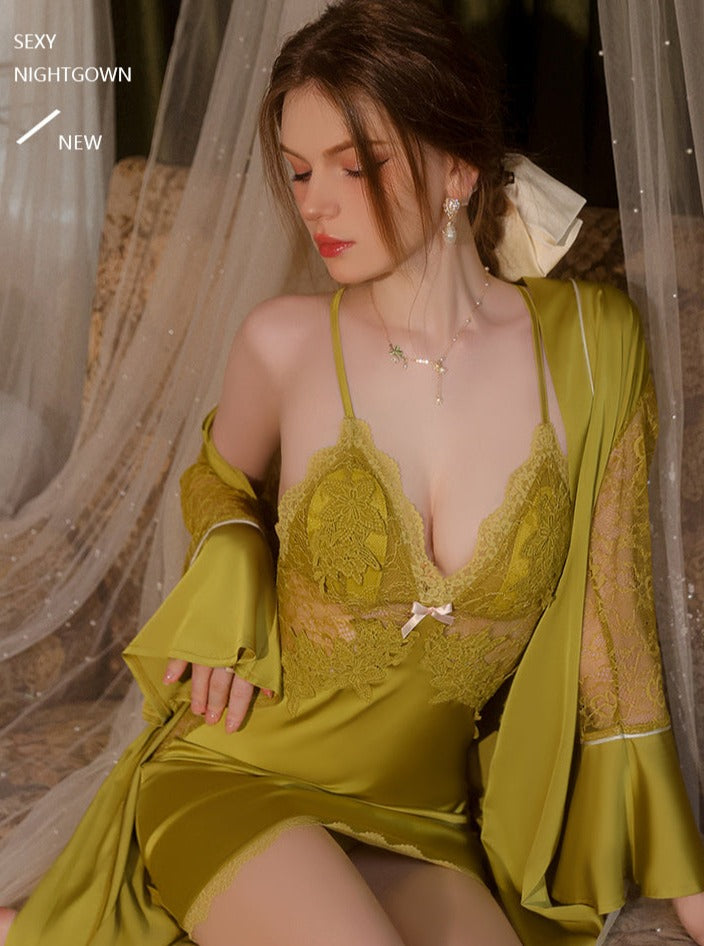 Embroidery Slip Dress&Bathrobe 2Pcs