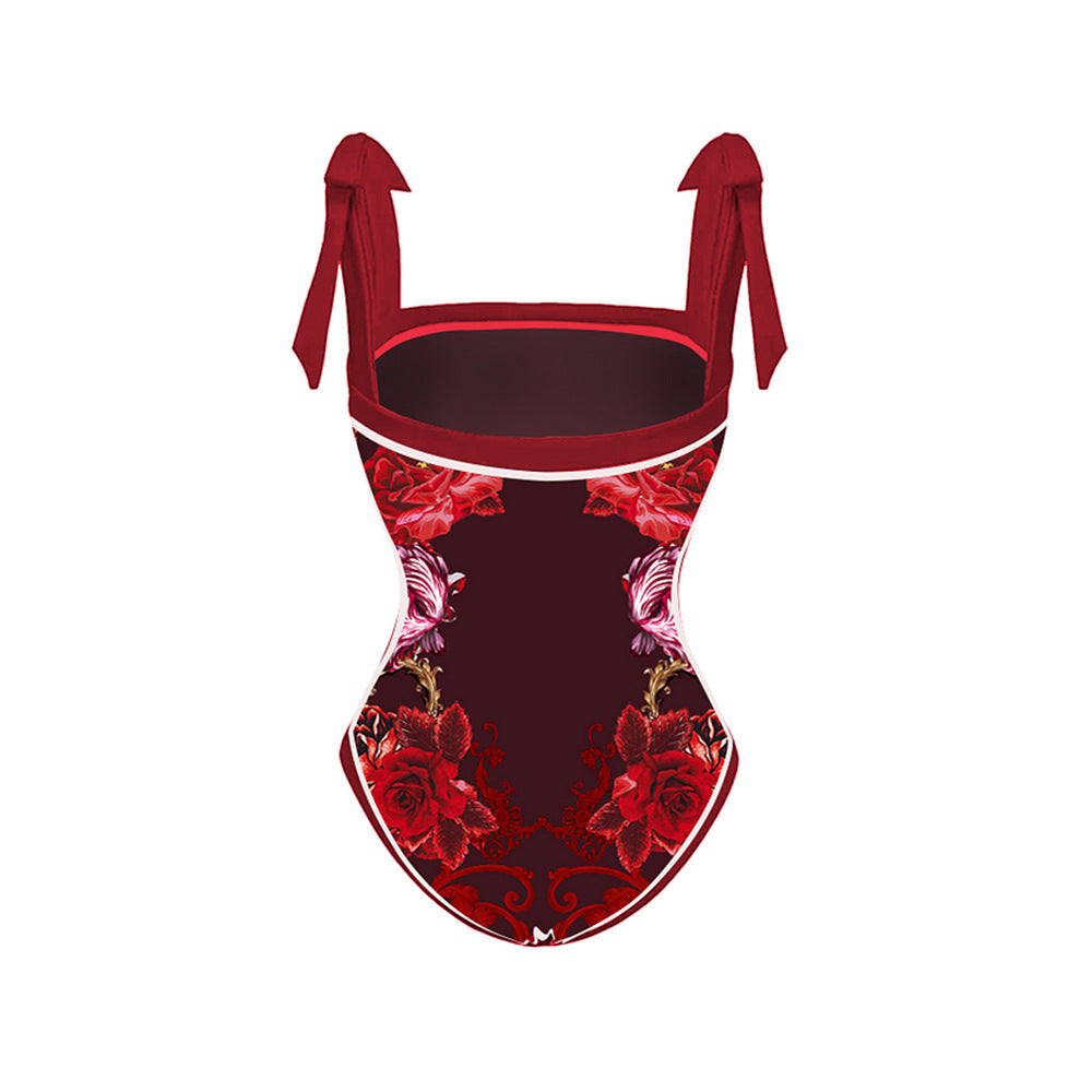 Floral Bow-tie One-piece Swimwear&Printed Skirt