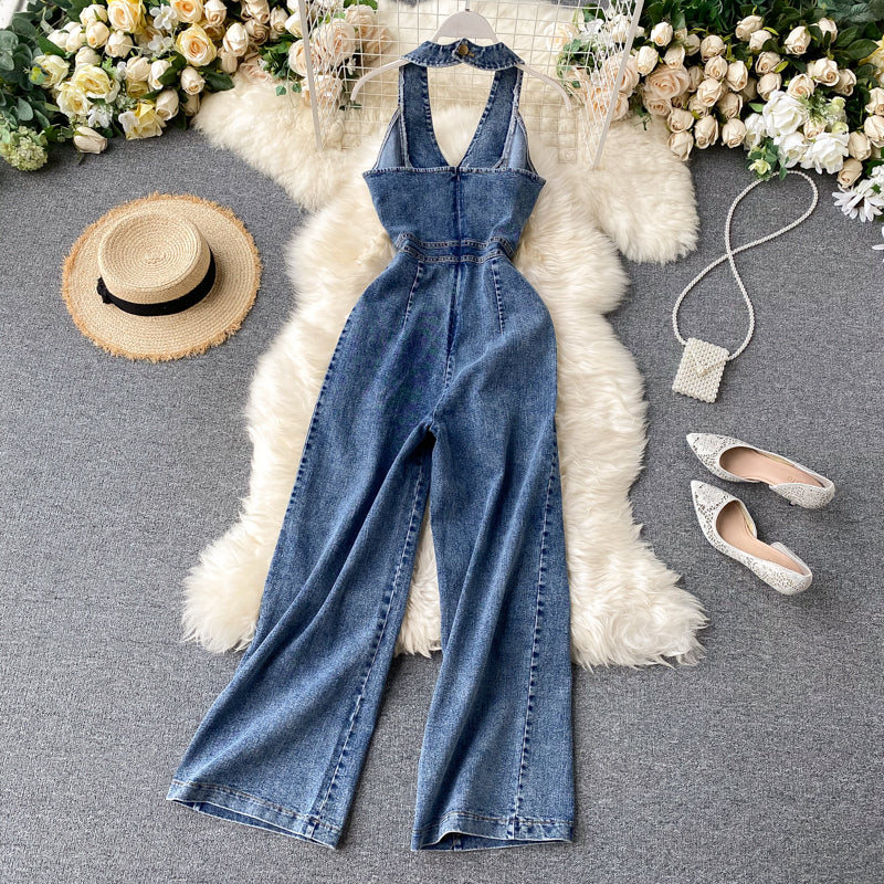 Open Back High Waist Wide Leg Denim Jumpsuit