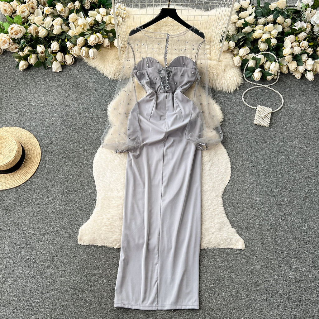 Elegant Beaded Mesh Party Dress