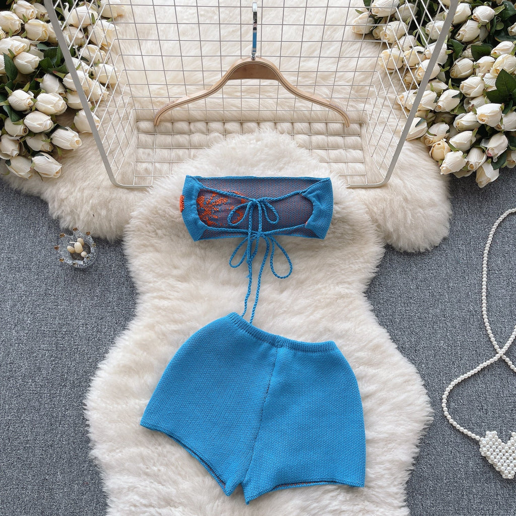 Lace-up Top&Shorts Knitted 2Pcs