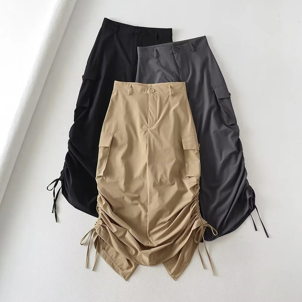 Cargo Skirt With High Waist Side Pockets And Slit Back