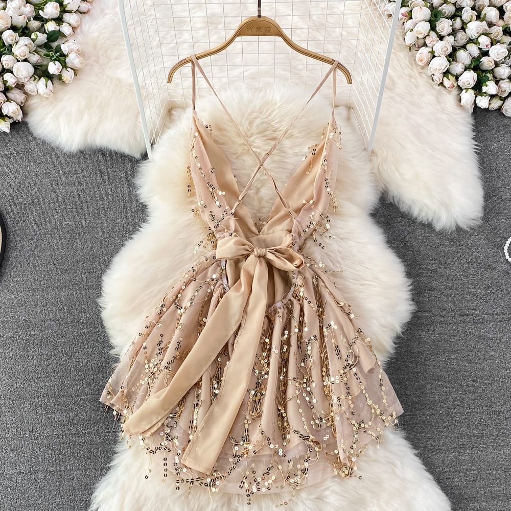 V-neck Backless Sequin Slip Dress