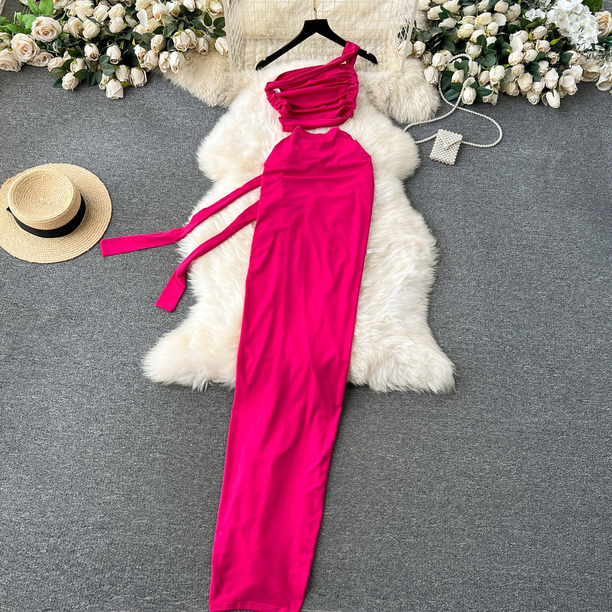 One-shoulder Top&Split Skirt Niche 2Pcs