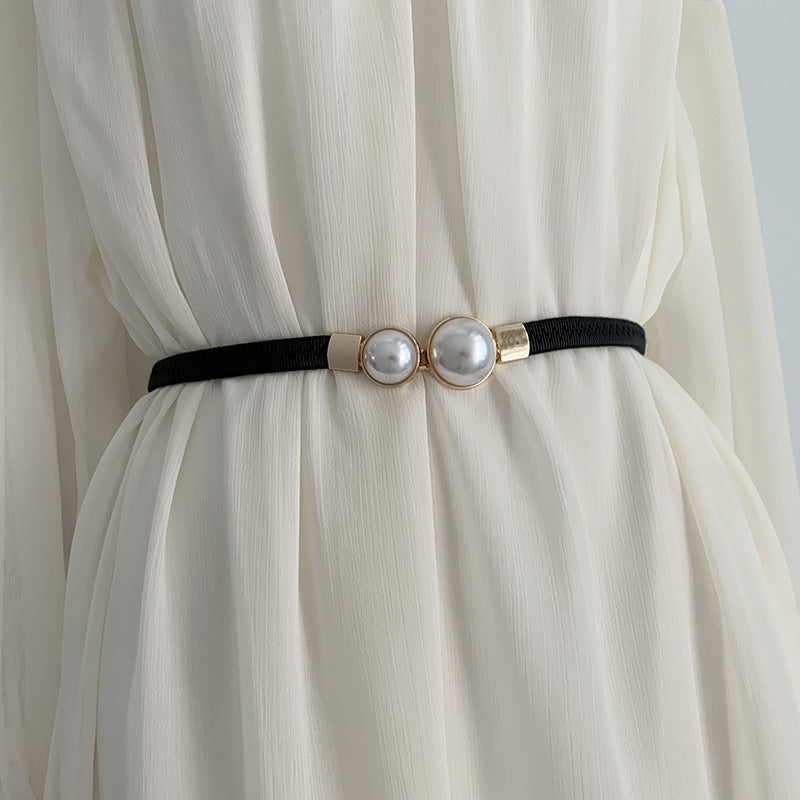 Pearly Elastic Belt With A Tight Buckle