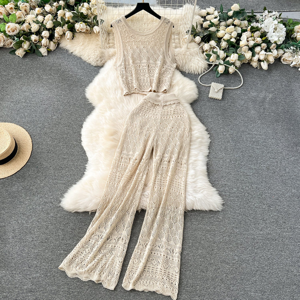 Crochet Sleeveless Cardigan&Trousers Knitted 2Pcs