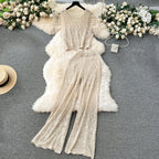 Crochet Sleeveless Cardigan&Trousers Knitted 2Pcs