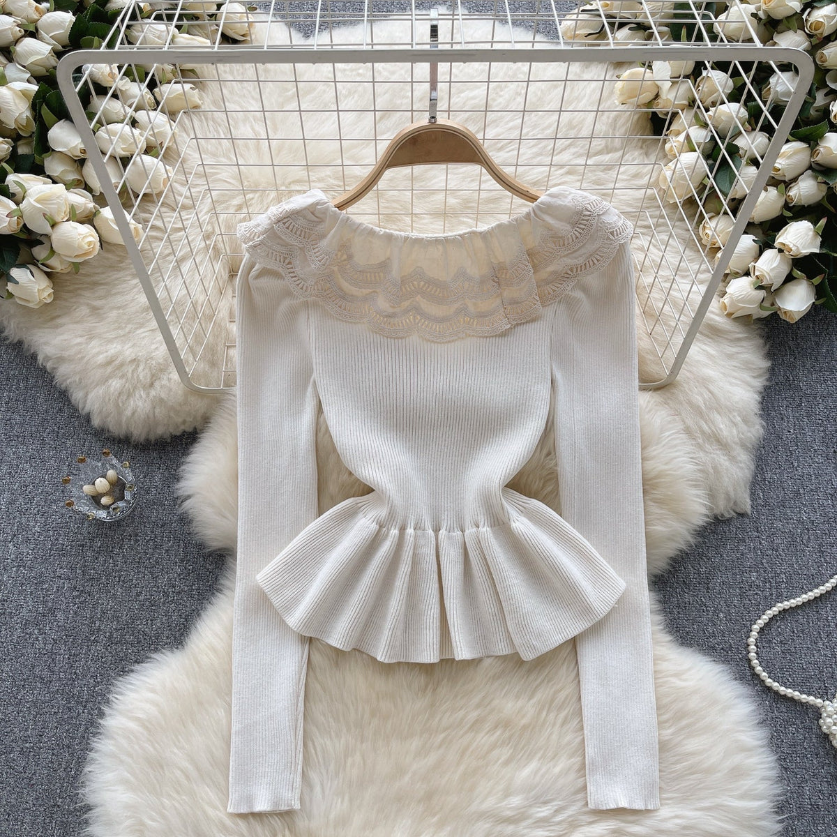 Sweetie Lace Patchwork Ruffled Knitwear