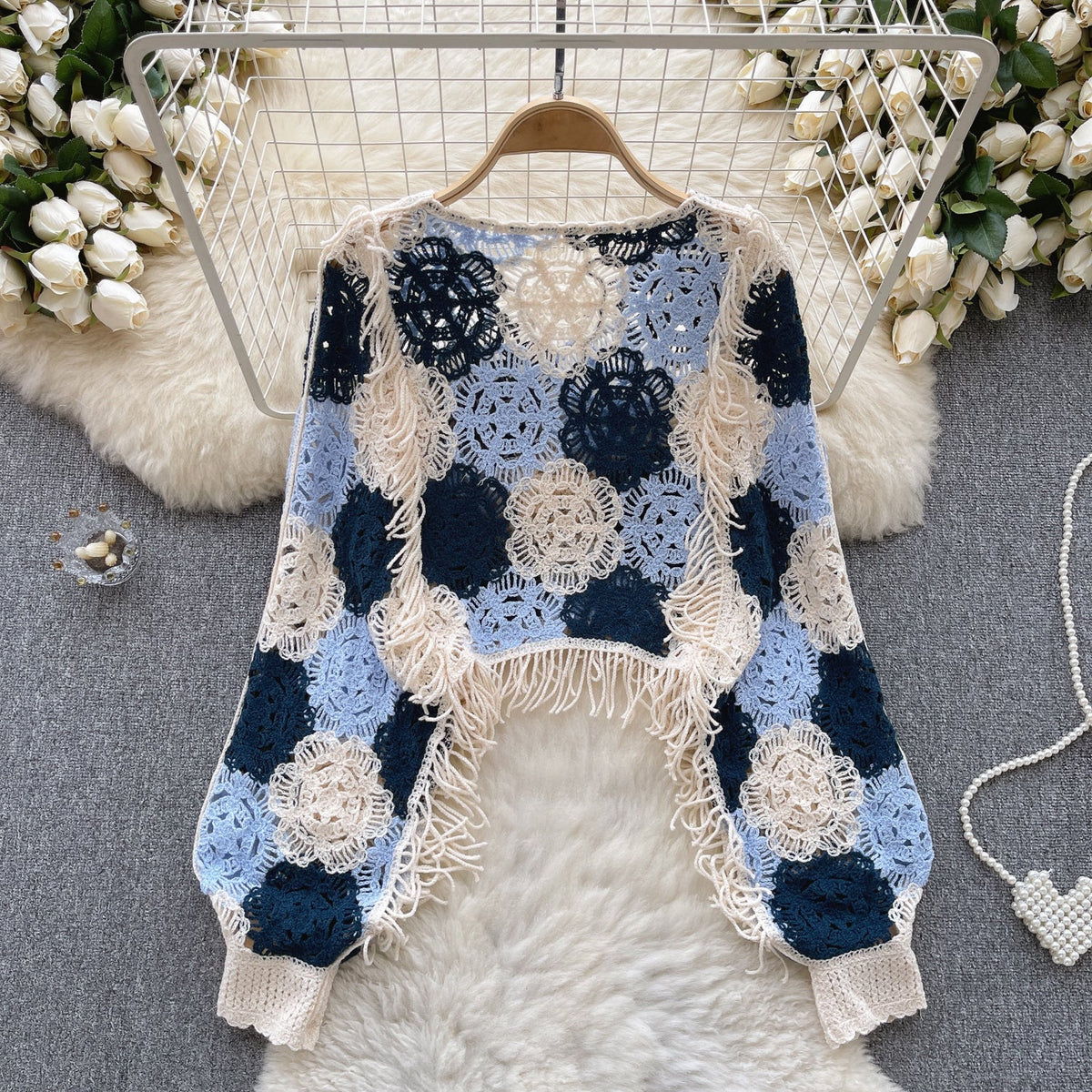 Flared Sleeve Hollowed Crochet Knitted Top