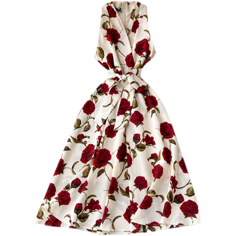 Printed Lace-up Waist-skimming Dress