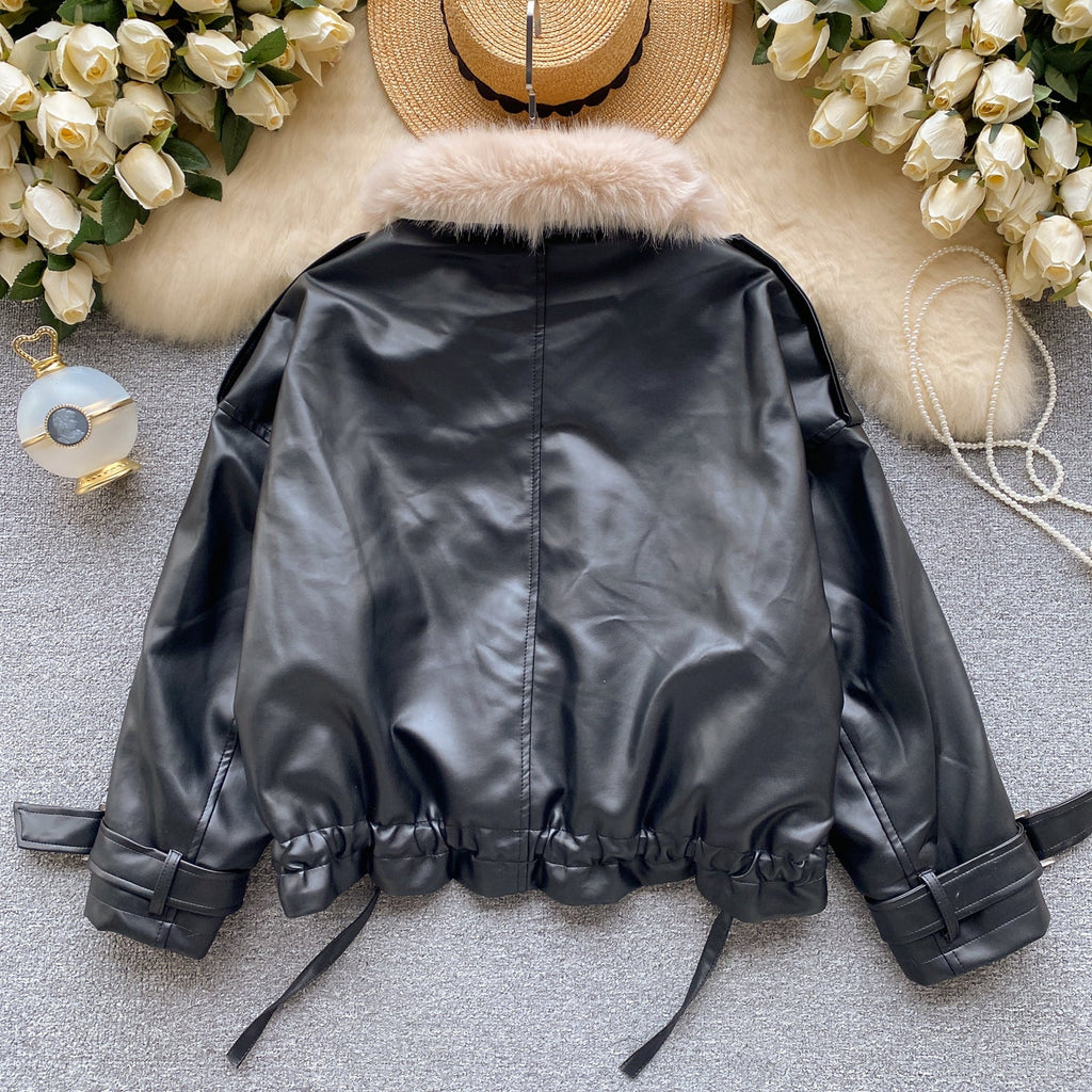 Vintage Furry Collar Short PU Jacket