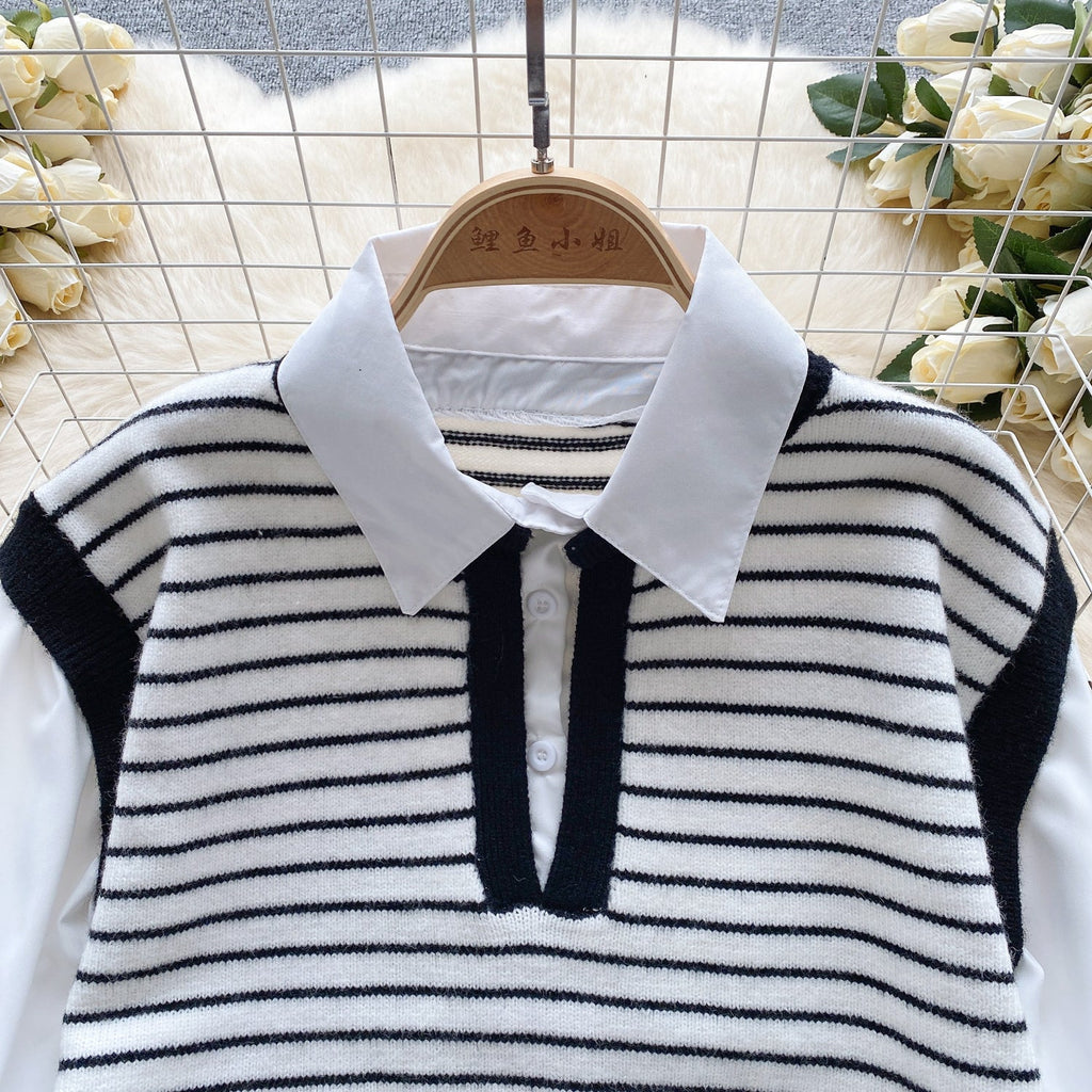Faux Two-pieces Patchwork Stripe Top