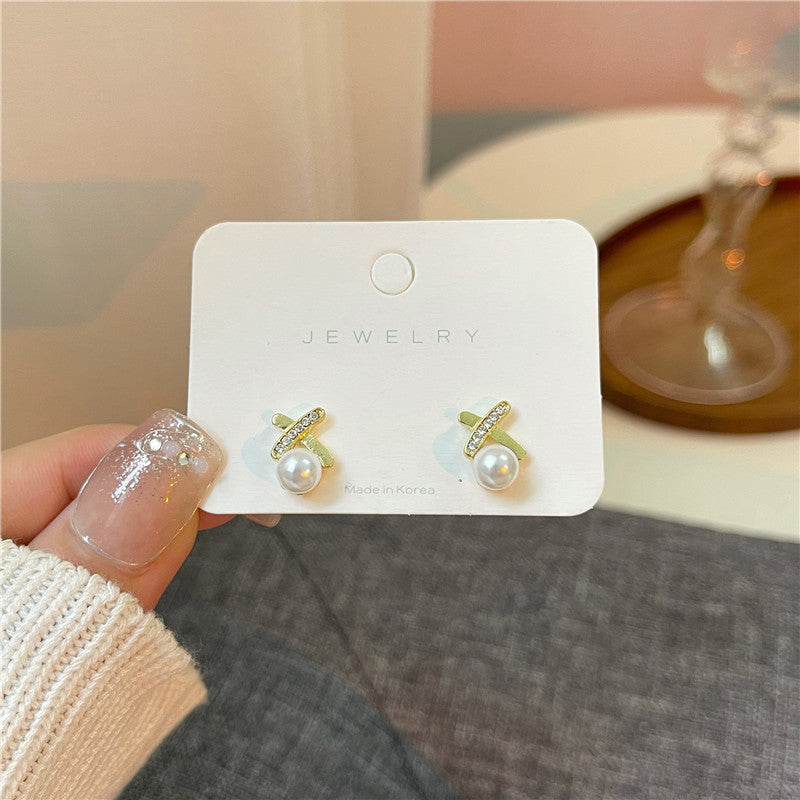 Rhinestone Studded X Pearl Earrings