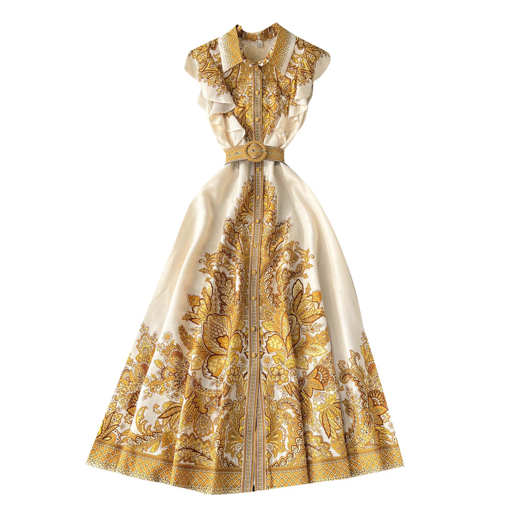 Vintage Ruffled Sleeveless Printed Dress