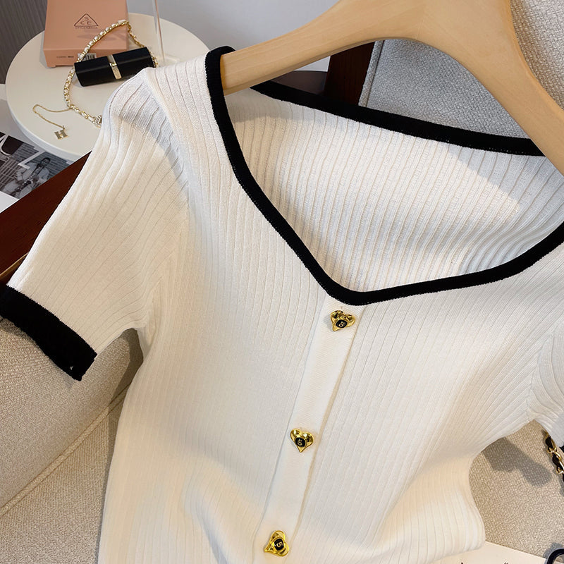 Metal Button Heart Neckline Cardigan