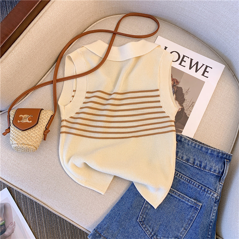 Lapeled Color-blocked Striped Knitted Top