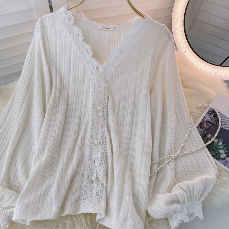 V-neck Shirt With Pleated Lace And Pearl Buttons