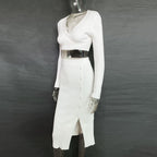 V-neck Sweaters&Split Skirt Knitted 2Pcs