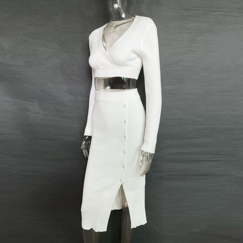 V-neck Sweaters&Split Skirt Knitted 2Pcs