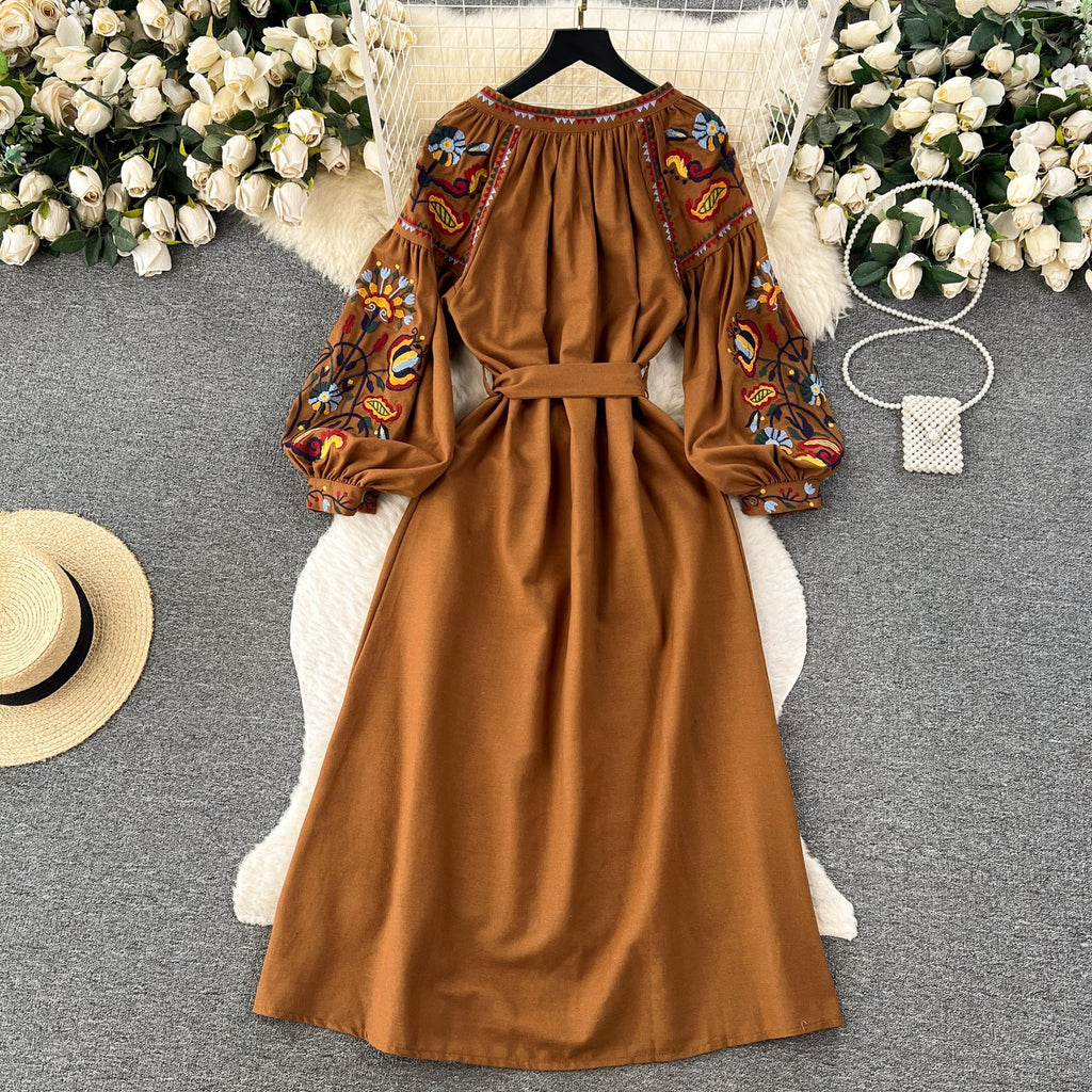 Bohemia Lace-up Embroidered Floral Dress