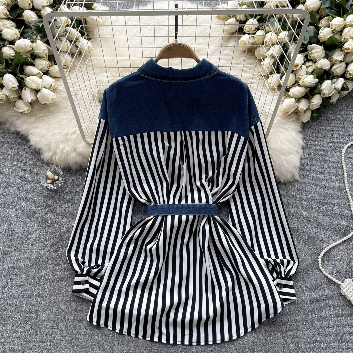 Niche Striped Patchwork Denim Shirt