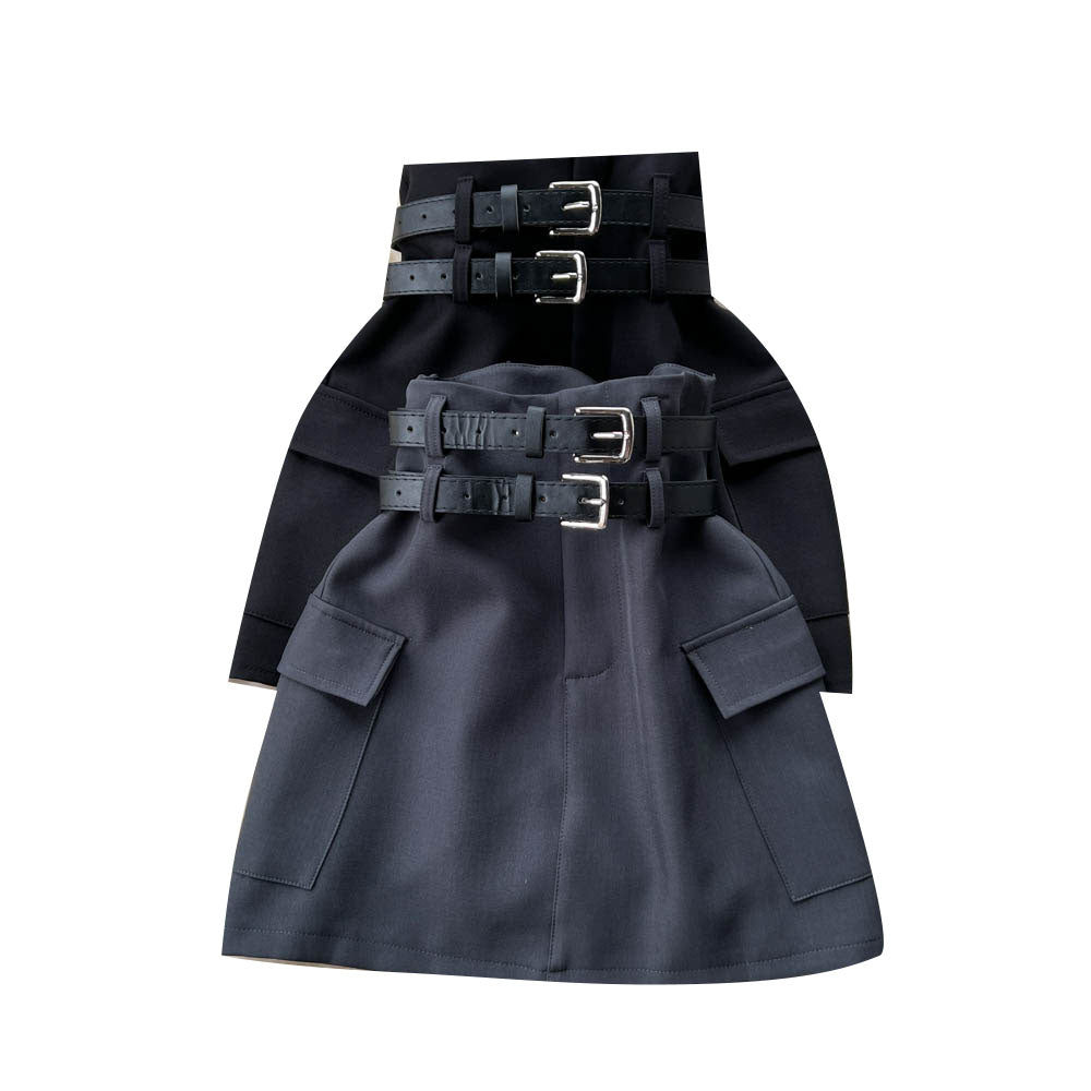 Twin Belt High Waist Suit Skirt