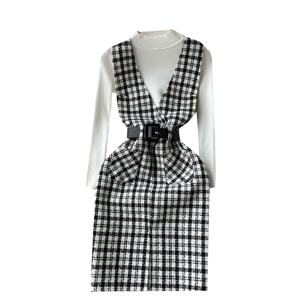 Bottom Sweater&Houndstooth Strappy Dress 2Pcs