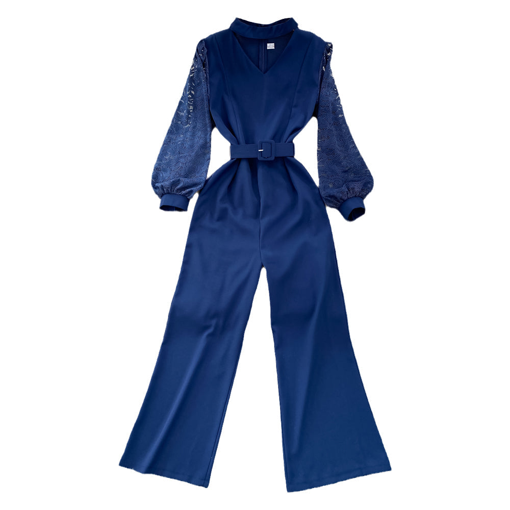 Vintage V-neck Lace Patchwork Jumpsuit