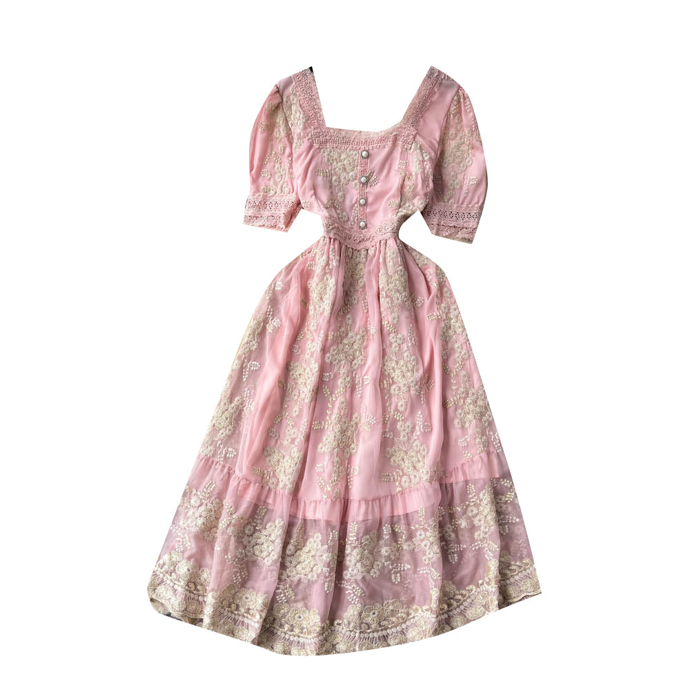 Vintage Embroidery Pink Princess Dress