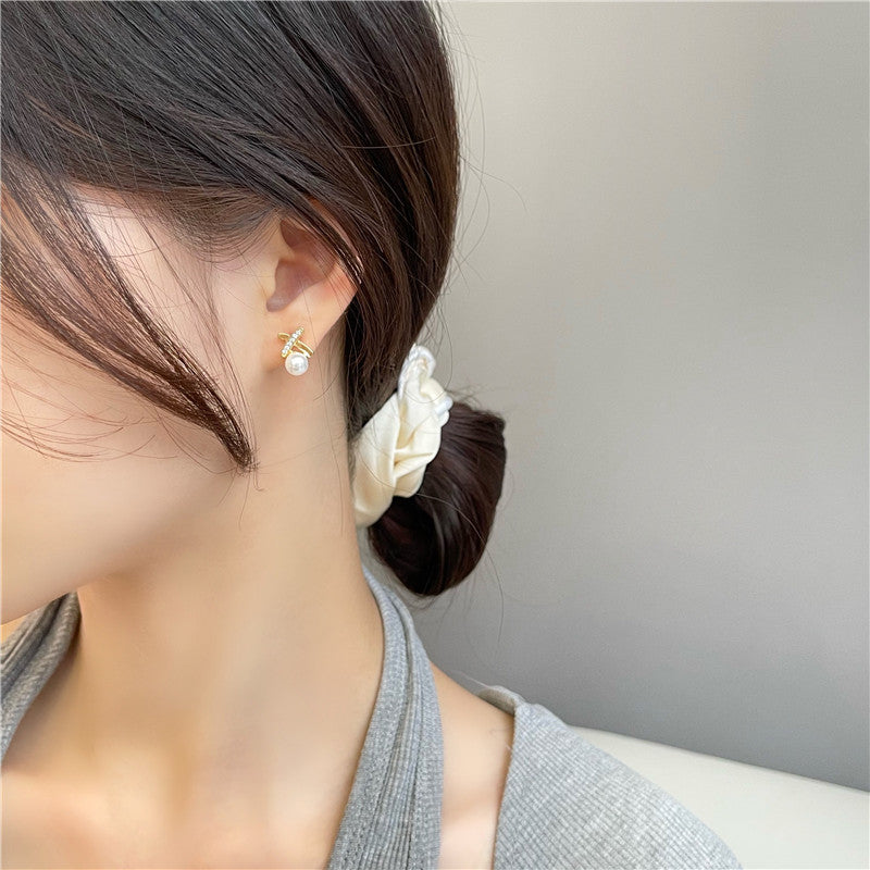 Rhinestone Studded X Pearl Earrings