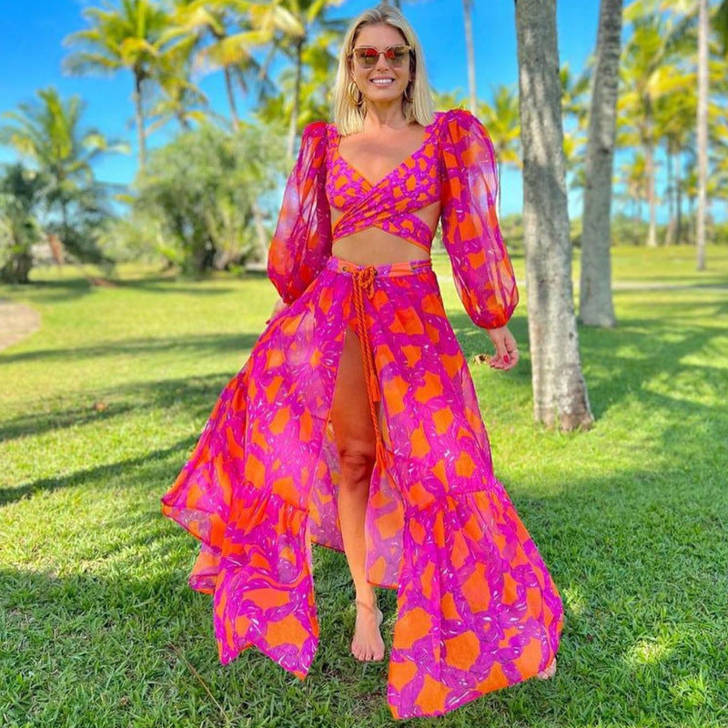 Long-sleeve Floral Swimwear&Split Skirt