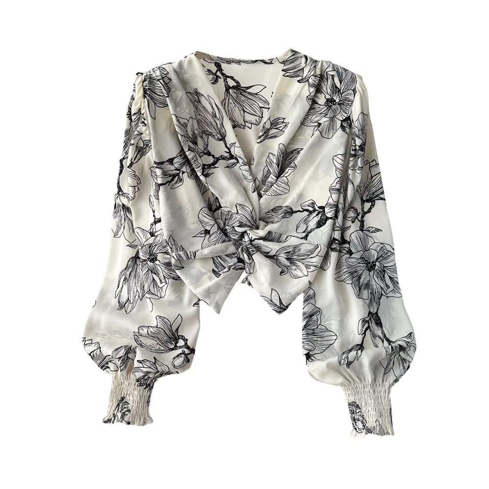 V-neck Flared-sleeve Floral Shirt