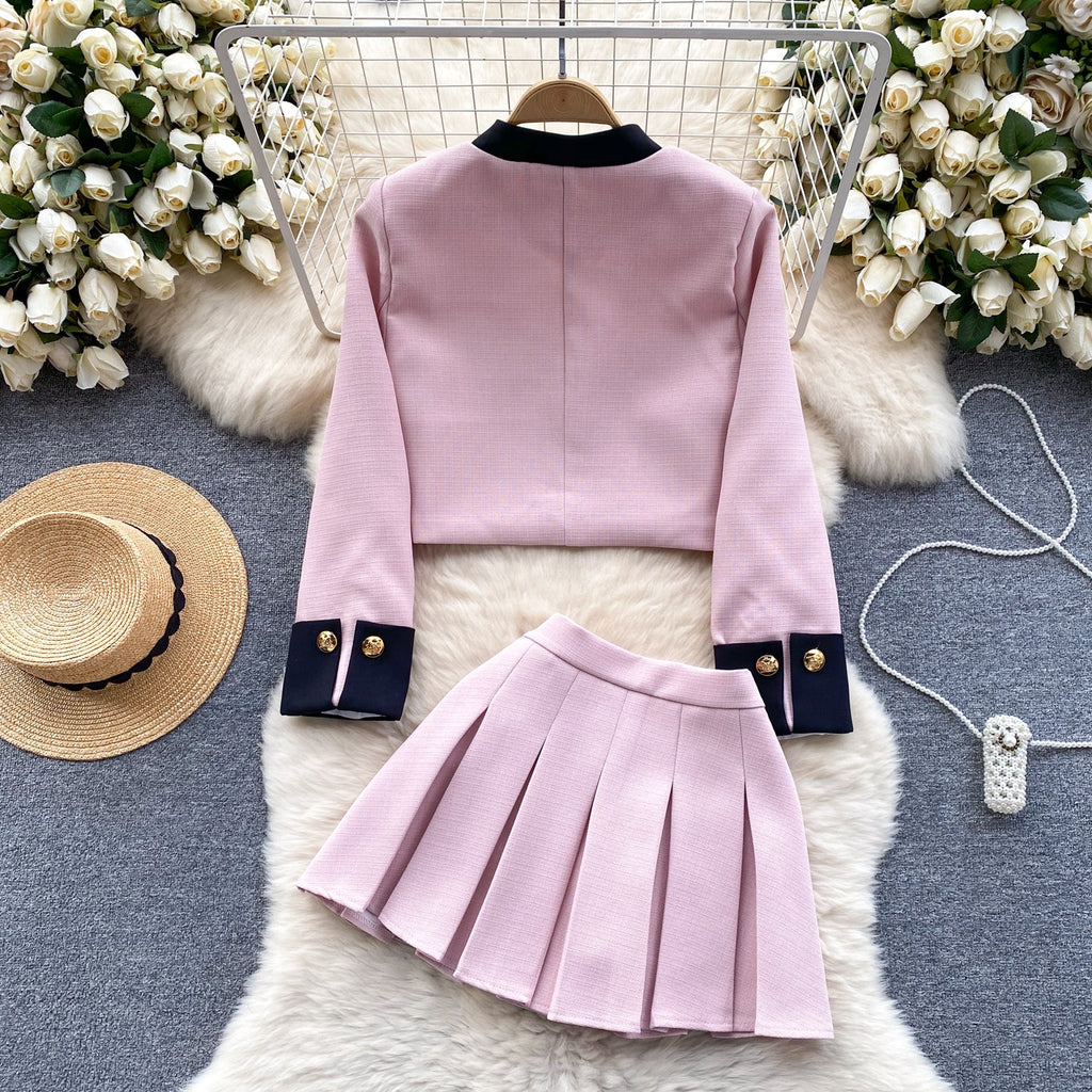 Color Blocking Cardigan&Pleated Skirt 2Pcs