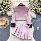 Color Blocking Cardigan&Pleated Skirt 2Pcs