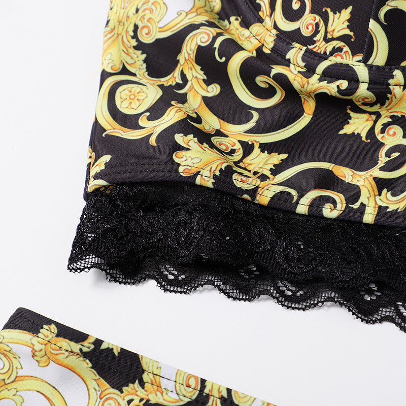 Stretch Printed Lace-trimmed Swimwear