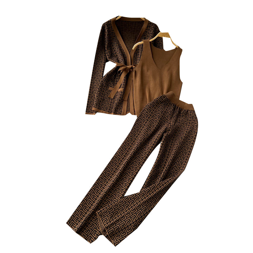 Printed Cardigan&Bottom Vest&Wide-leg Trousers