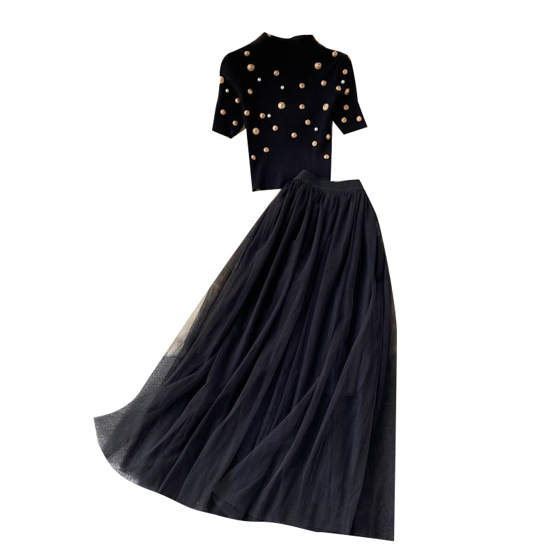 Beaded Knitted Top&Mesh Skirt 2Pcs