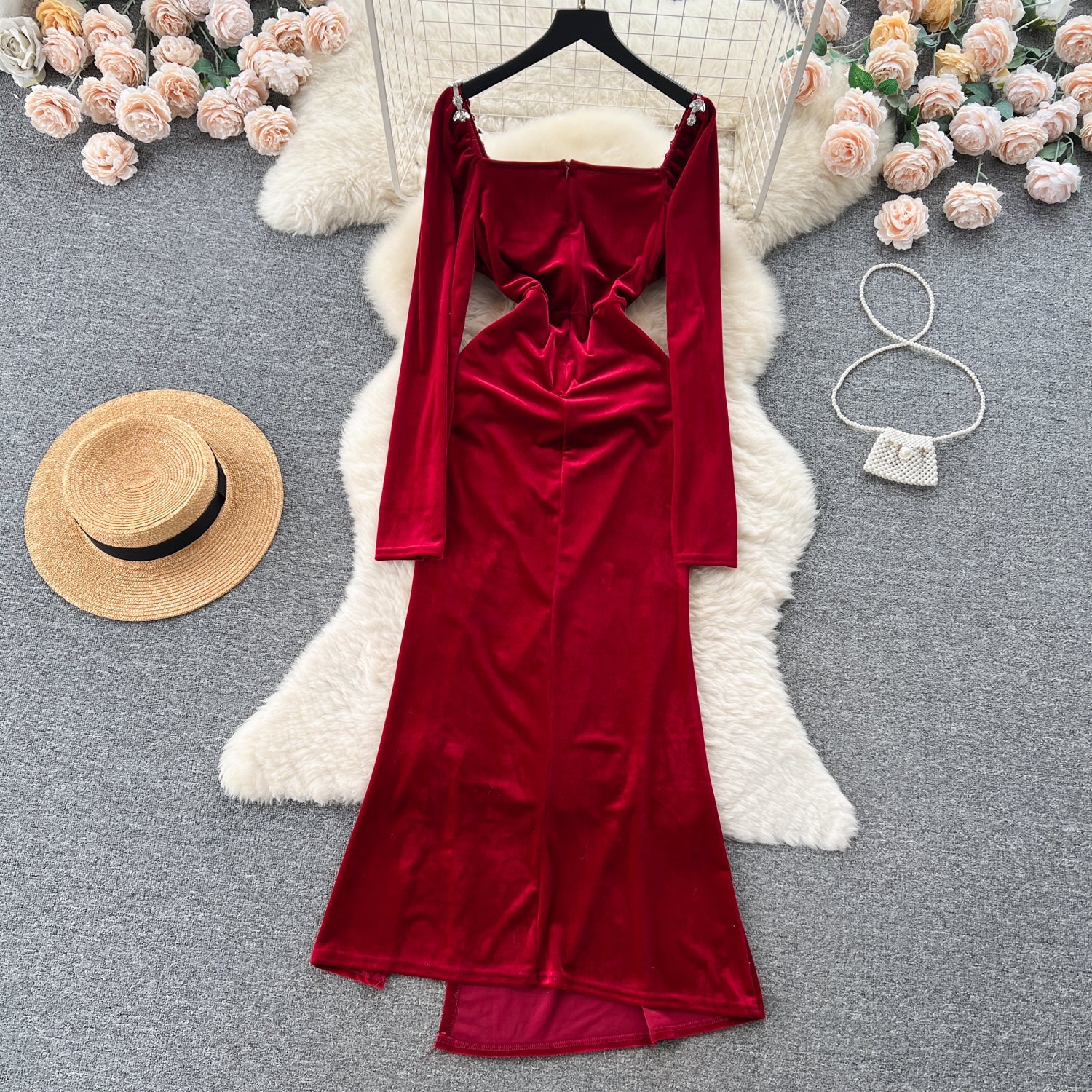 Vintage Rhinestone Studded Split Dress