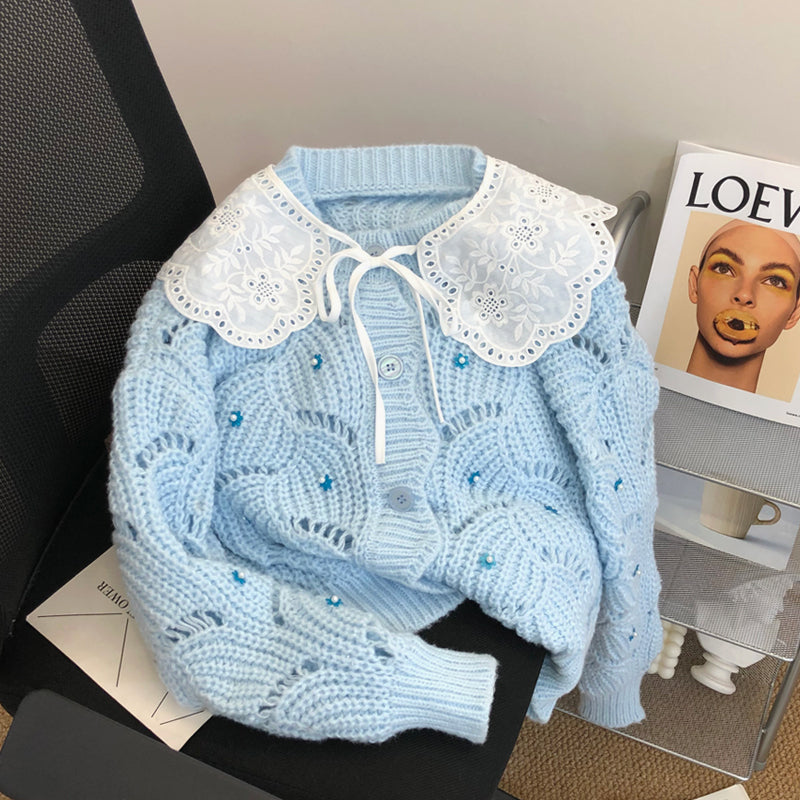 Beaded Floral Hollow Single-breasted Cardigan