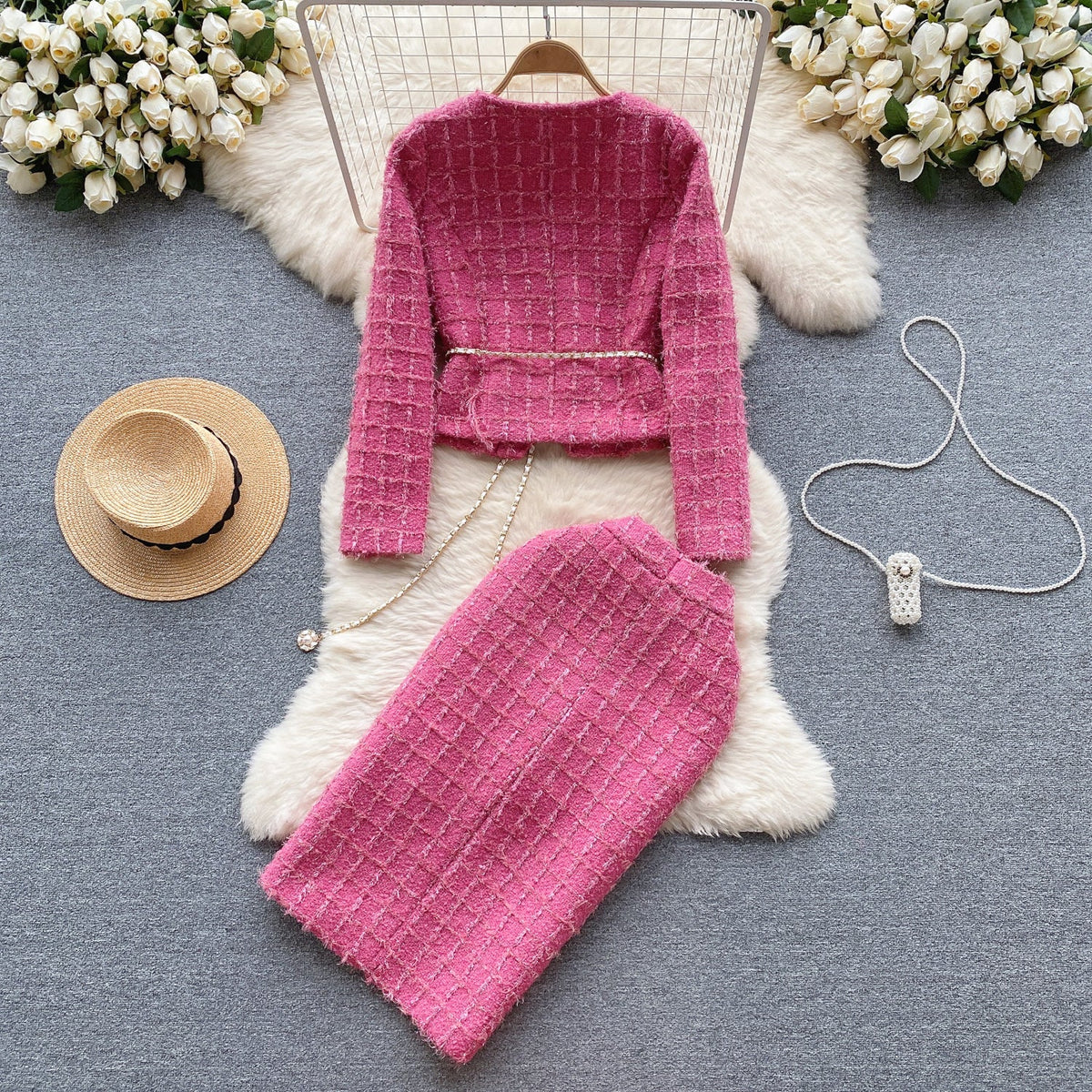 Cardigan&Skirt Plaid Tweed 2Pcs Set