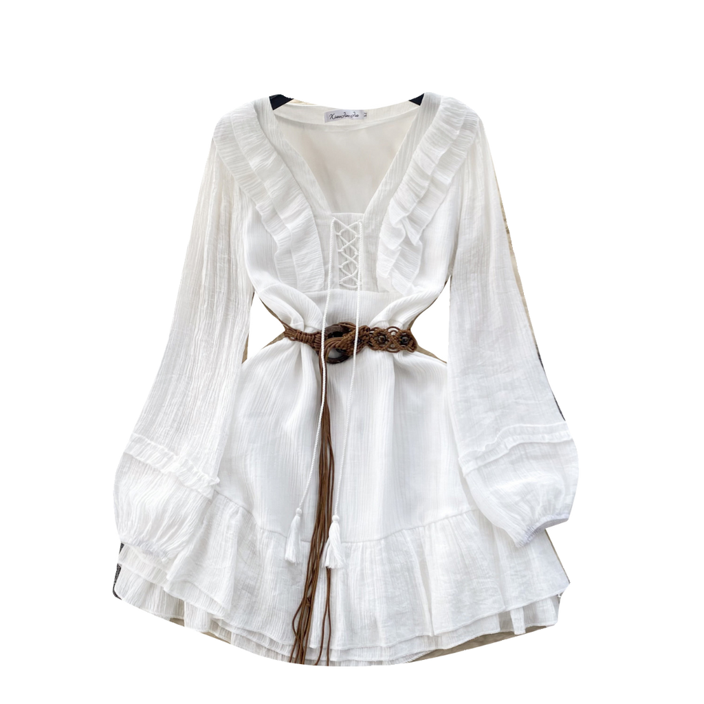 Sweetie Lace-up Ruffled White Dress