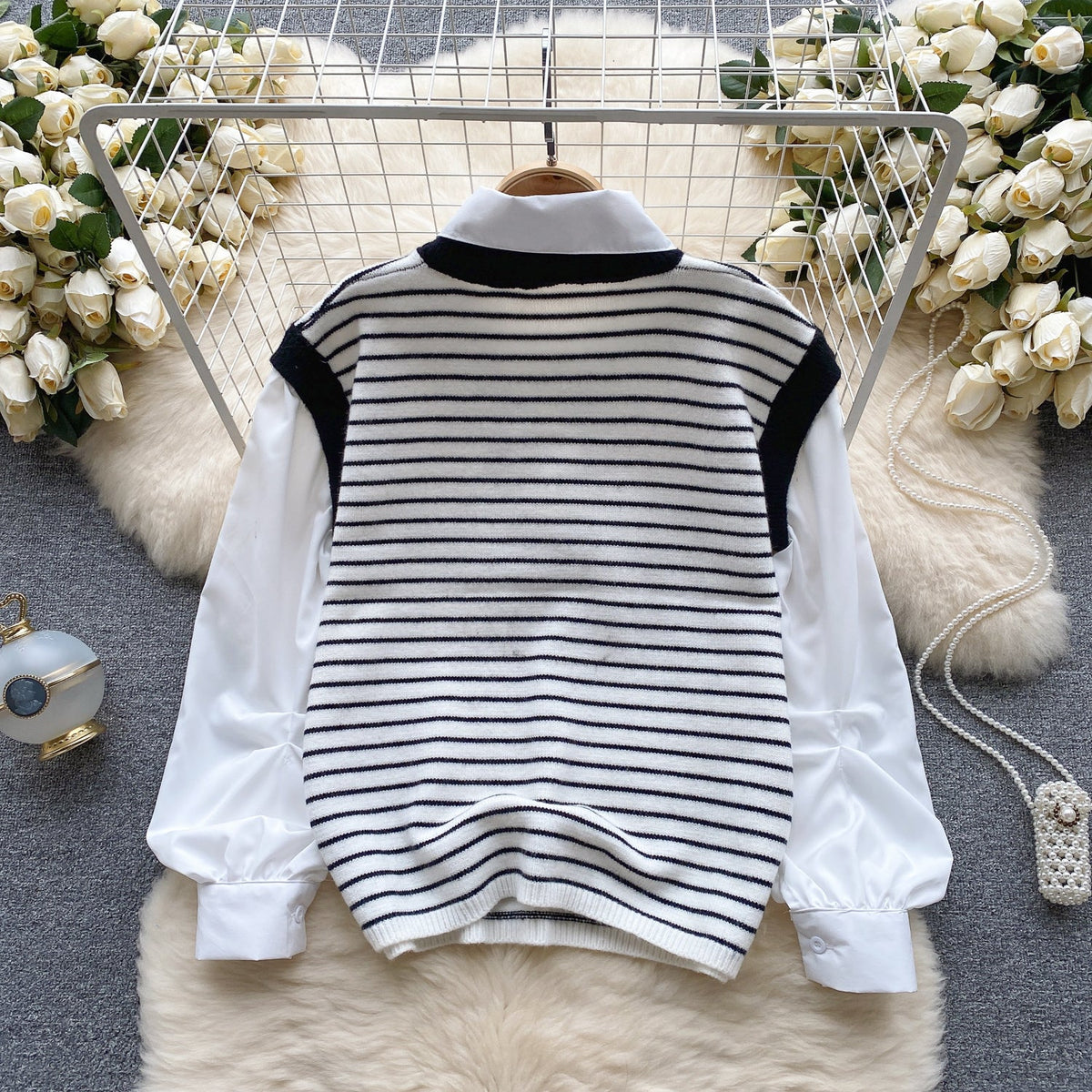 Faux Two-pieces Patchwork Stripe Top