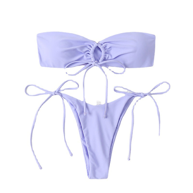 Solid Color Pleated Lace-up Bikini
