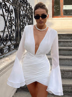 Deep V-neck Pleated White Dress
