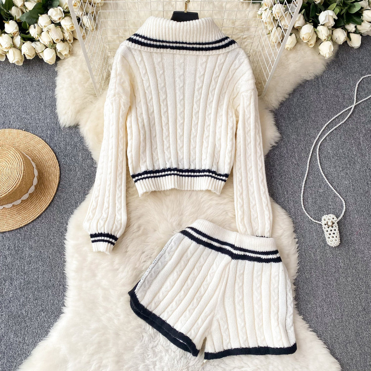 Lapeled Sweater&Shorts Knitted 2Pcs