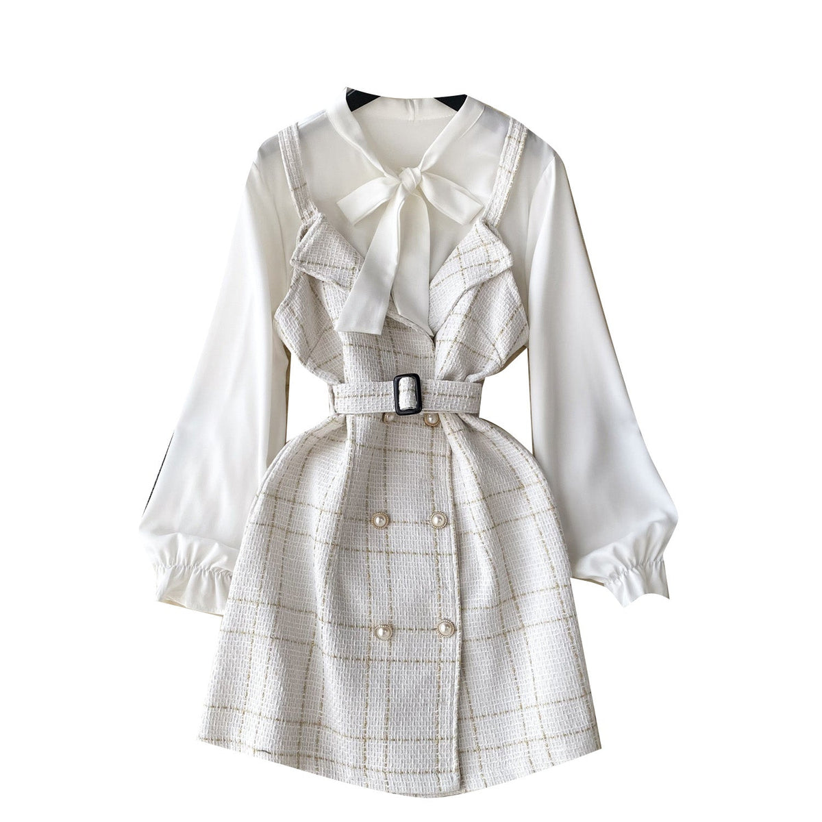 Bow-tie Plaid Dress&Skirt 2Pcs
