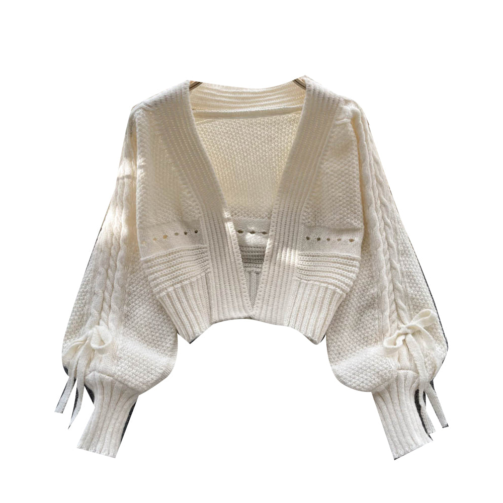 Bow Drawstring Short Knitted Cardigan